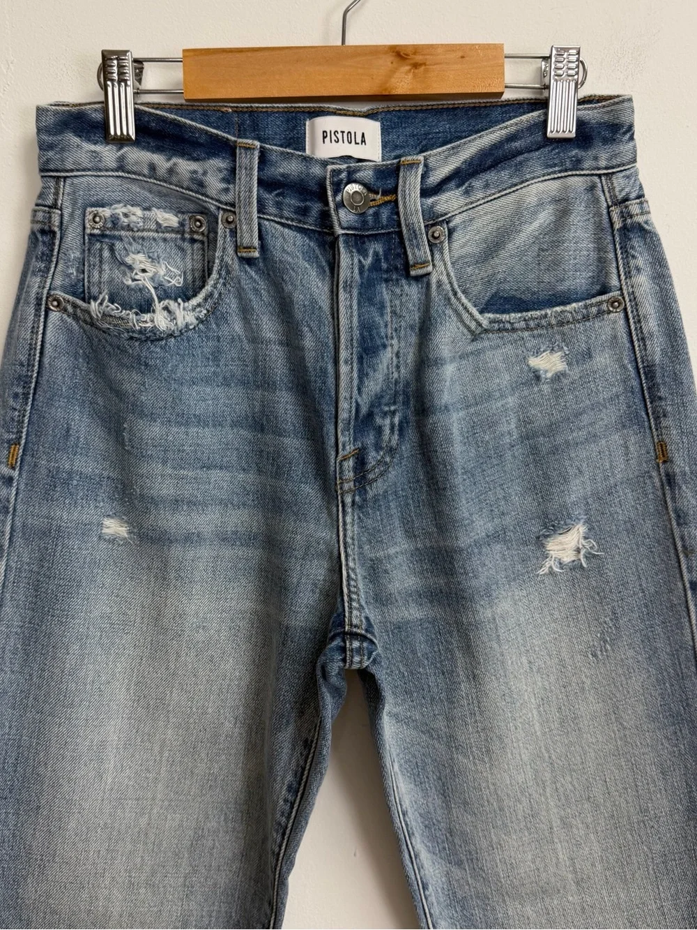 Pistola Jeans Womens 25 Blue Charlie High Rise Straight Distressed Button Fly